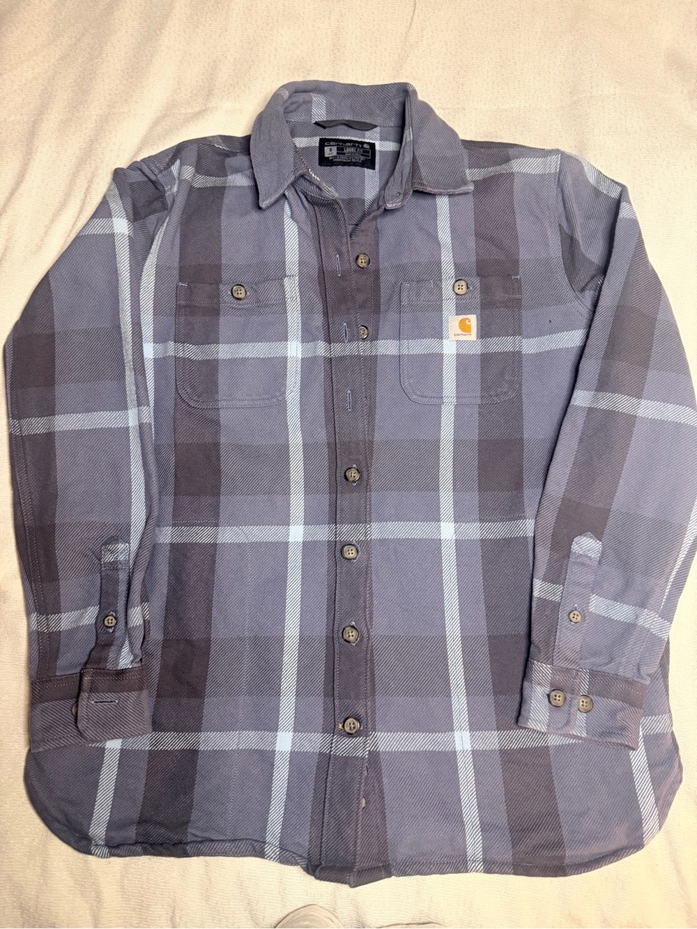 Carhartt Women's Loose Fit Plaid Flannel Shirt Gray Blue Size Small S 4-6